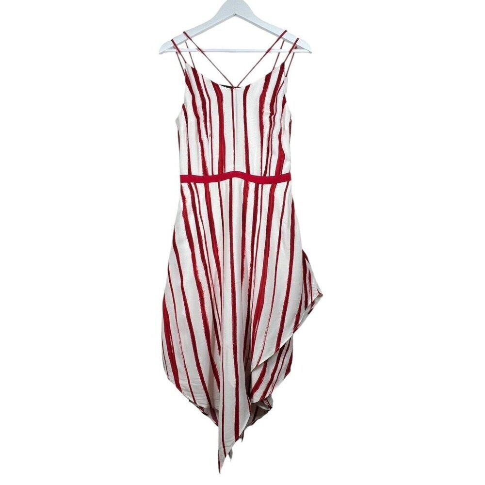 Iris Setlakwe Midi Asymmetrical Dress Size 2 Red White Striped V-Neck Sleeveless